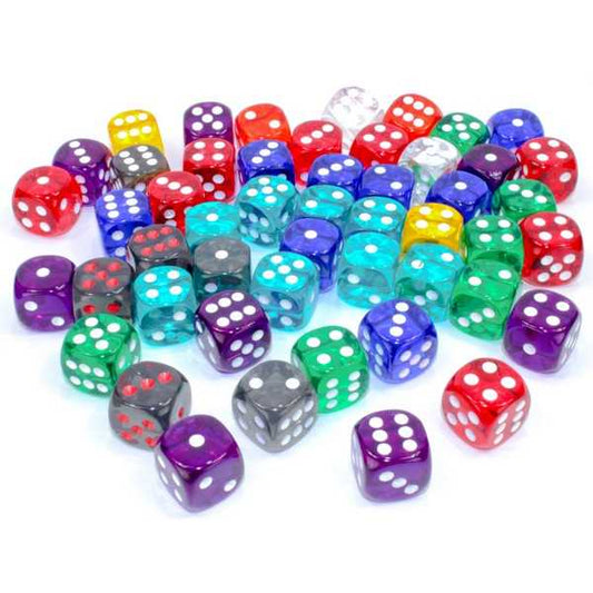 16mm d6 Dice with Pips: Bag of 50 Assorted - Translucent