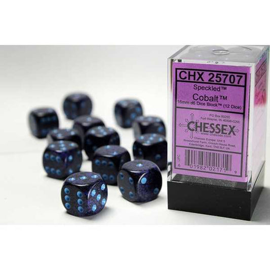 16mm d6 Dice with Pips: Set of 12 - Cobalt Speckled