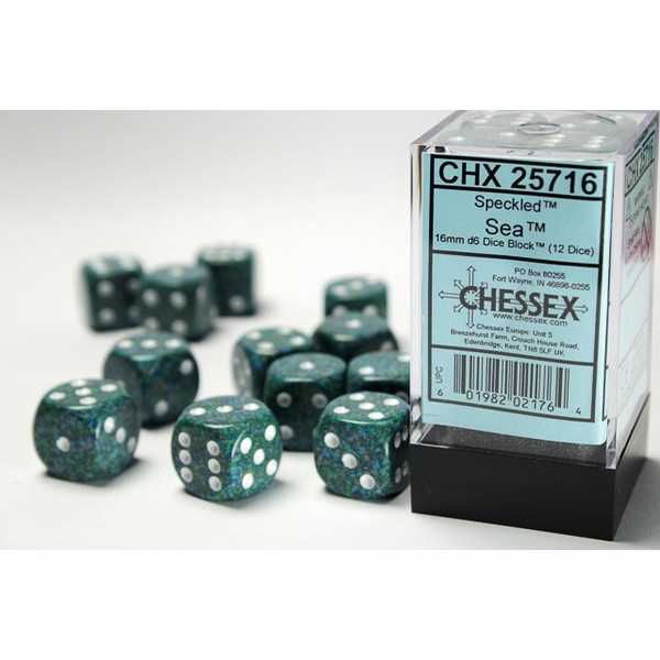 16mm d6 Dice with Pips: Set of 12 - Speckled Sea