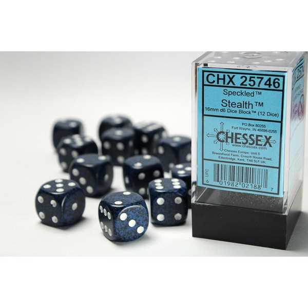 16mm d6 Dice with Pips: Set of 12 - Speckled Stealth