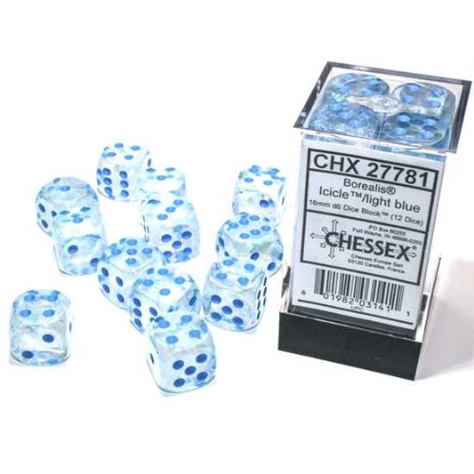 Borealis 16mm d6 Luminary Dice Block: Icicle/light blue (12 Dice