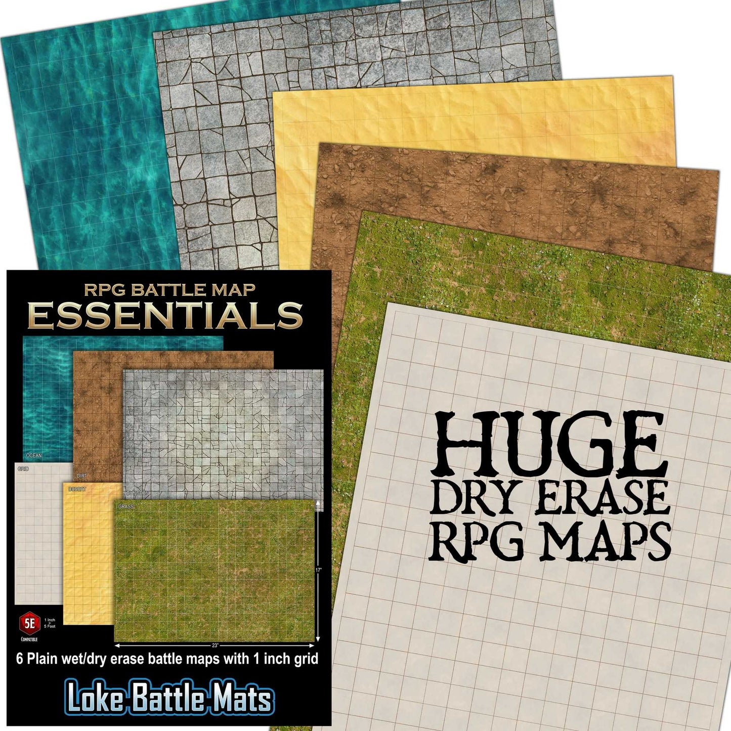 Essential RPG Battle Maps - Starter Set. 6 Plain Wet/Dry Erase Battle Maps with 1 inch grid