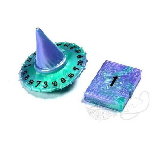 PolyHero Dice: Wizard d20 Wizard Hat and d2 Spellbook in Aether Mist